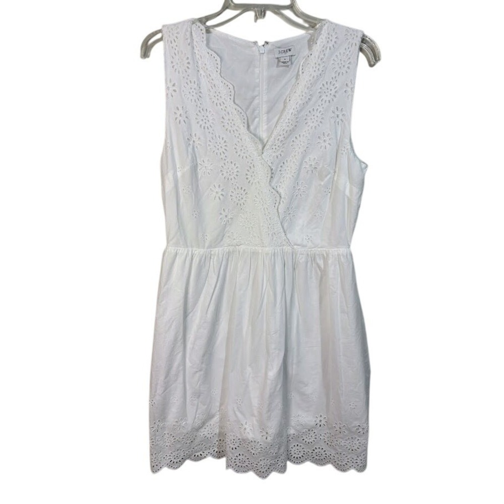 J.Crew‎ Eyelet Mini Dress 8 White Excellent Scalloped Surplice V-Neck